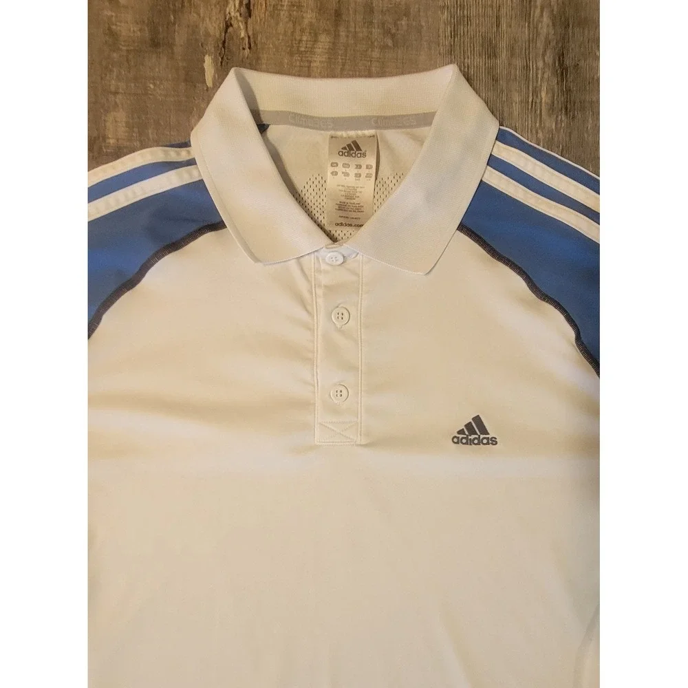 Adidas Clima365 Mens Polo Shirt Large White Blue ClimaCool Golf Athletic Tee